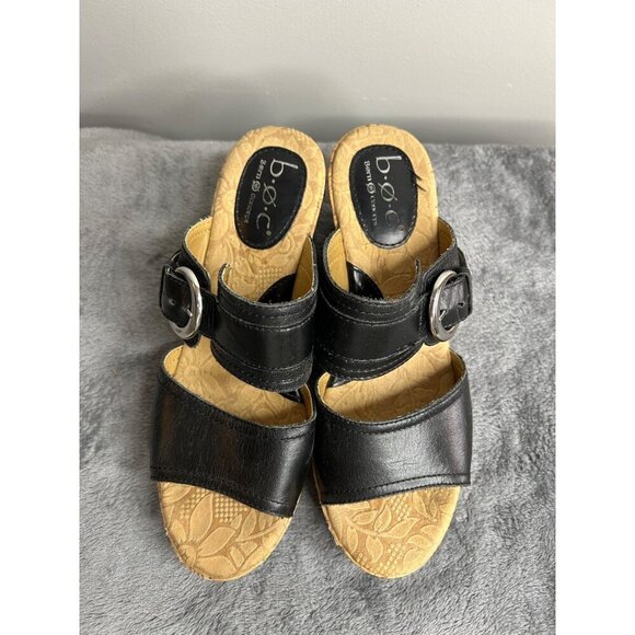 Born Women's Zee Sandal Size 7 Black Leather Wedge Heel Platform Two Strap Slide - Picture 6 of 7